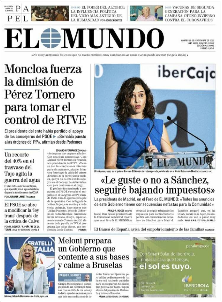 Portada de 'El Mundo' de 27 de septiembre / KIOSKO.NET