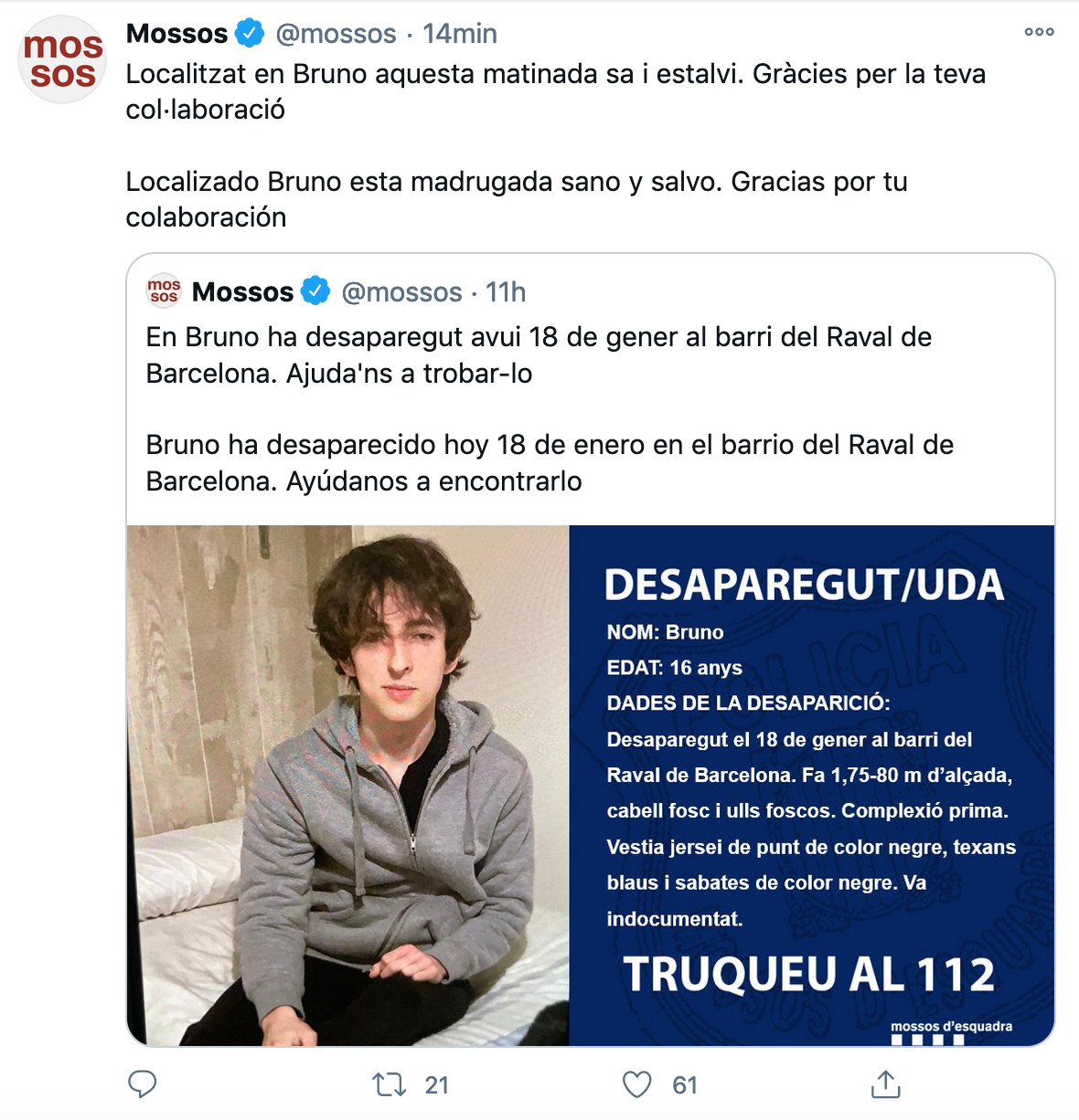 Mossos d'Esquadra anuncian que han localizado sano y salvo al menor / TWITTER