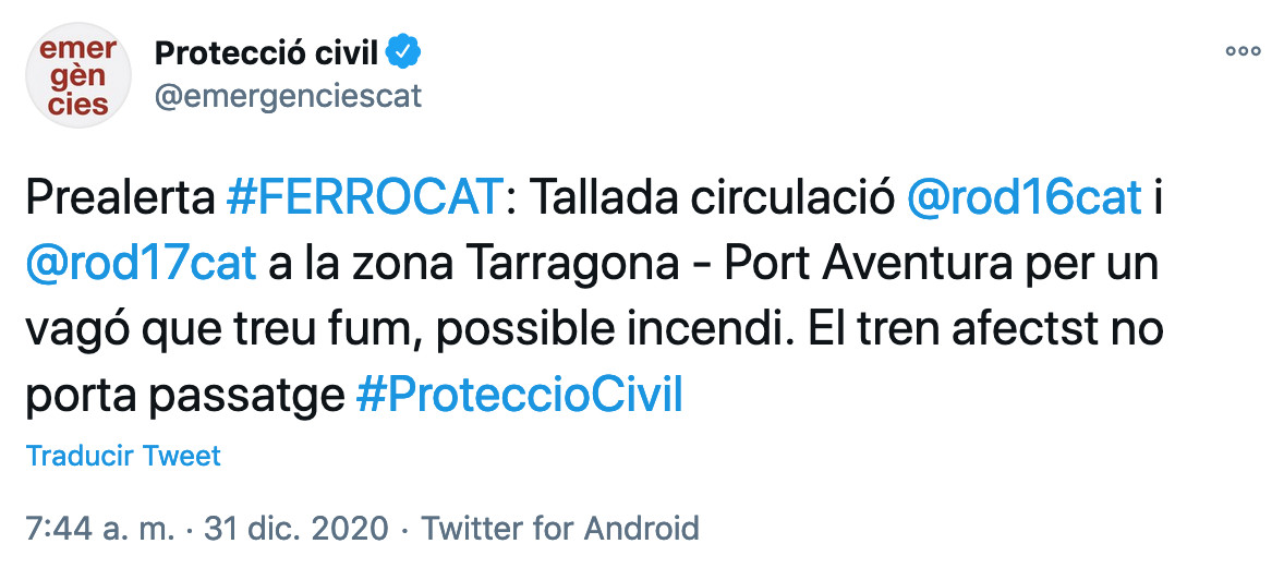 Protección Civil alerta de humo en un vagón de Rodalies en Tarragona / TWITTER