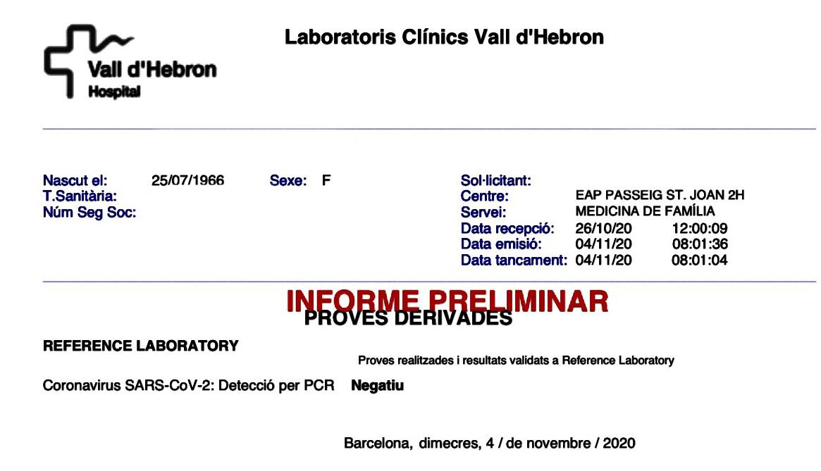 Imagen de los resultados de un test PCR recibido el 26 de octubre y entregado el 4 de noviembre / CG