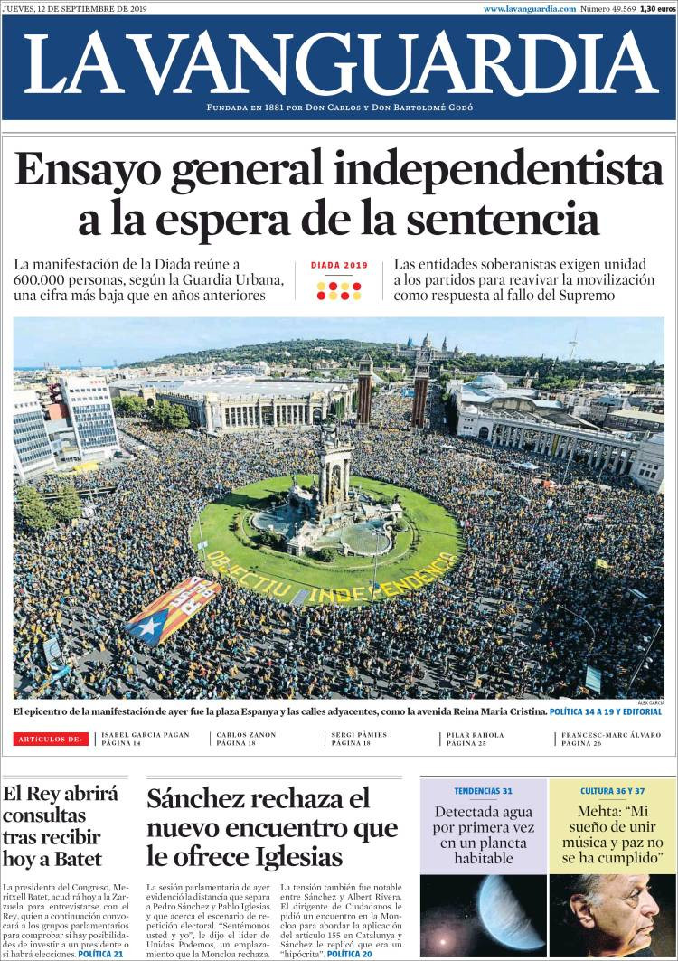 Portada de 'La Vanguardia' del jueves 12 de septiembre