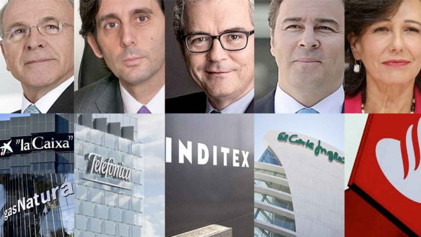 De izquierda a derecha, Isidro Fainé (la Caixa), José María Álvarez-Pallete (Telefónica), Pablo Isla (Inditex), Dimas Gimeno (El Corte Inglés) y Ana Botín (Banco Santander) / CG