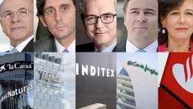 De izquierda a derecha, Isidro Fainé (la Caixa), José María Álvarez-Pallete (Telefónica), Pablo Isla (Inditex), Dimas Gimeno (El Corte Inglés) y Ana Botín (Banco Santander) / CG