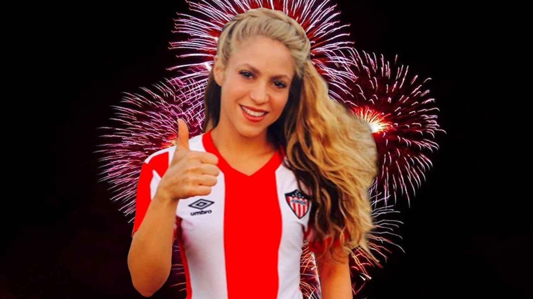 Shakira, con la camiseta del Junior y unos fuegos artificiales / FOTOMONTAJE DE CULEMANÍA