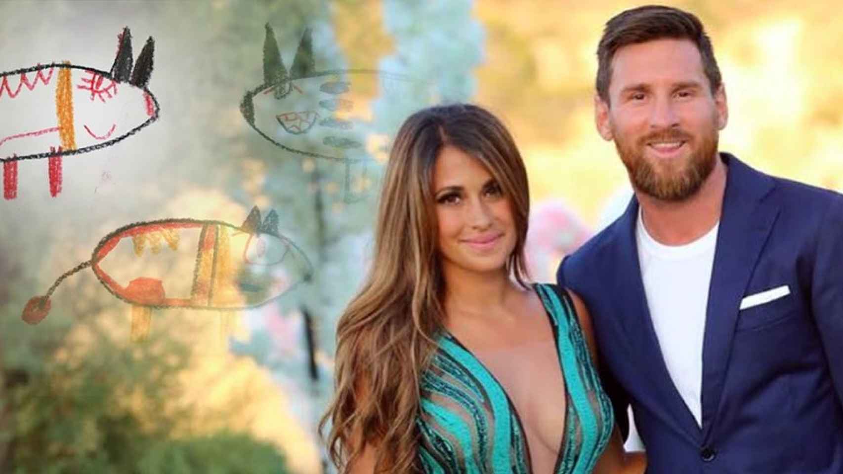 Leo Messi, Antonella Roccuzzo y un dibujo hecho por un niño / FOTOMONTAJE DE CULEMANÍA