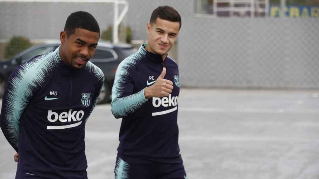 Malcom y Coutinho en un entrenamiento del Barça / EFE