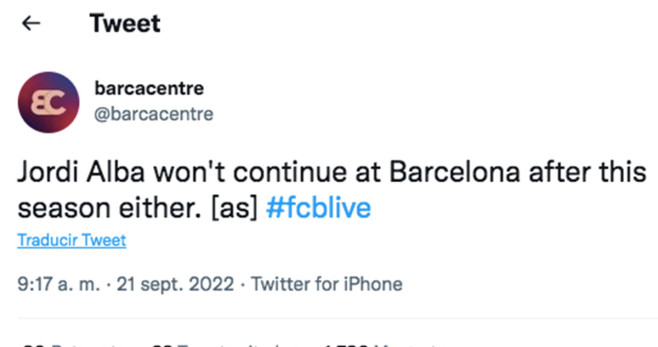 Captura de Twitter sobre la marcha de Jordi Alba en 2023 / @Barcacentre