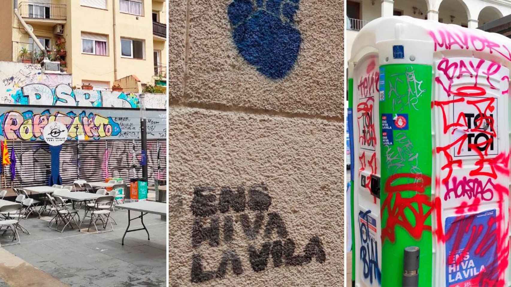 Tres imágenes de la plaza cedida por Eloi Badia a los okupas de Tres Lliris en las Fiestas de Gracia / CG