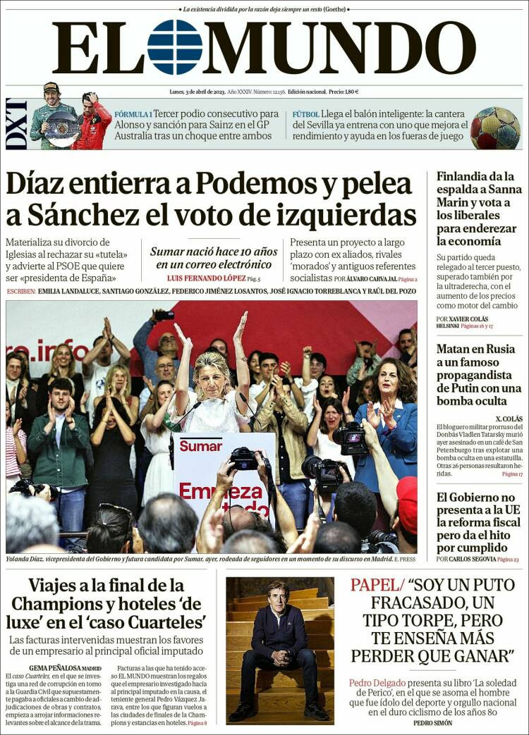 Portada de 'El Mundo' del 3 de abril de 2023