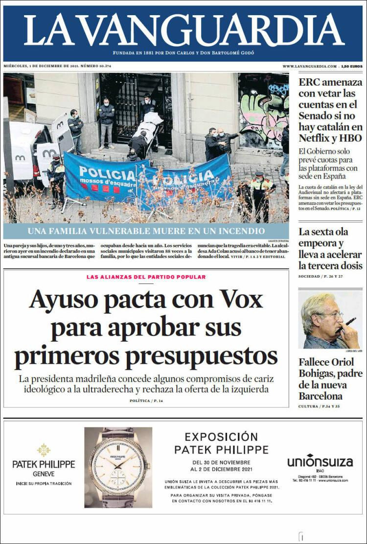 Portada de 'La Vanguardia' del 1 de diciembre de 2021 / KIOSKO.NET