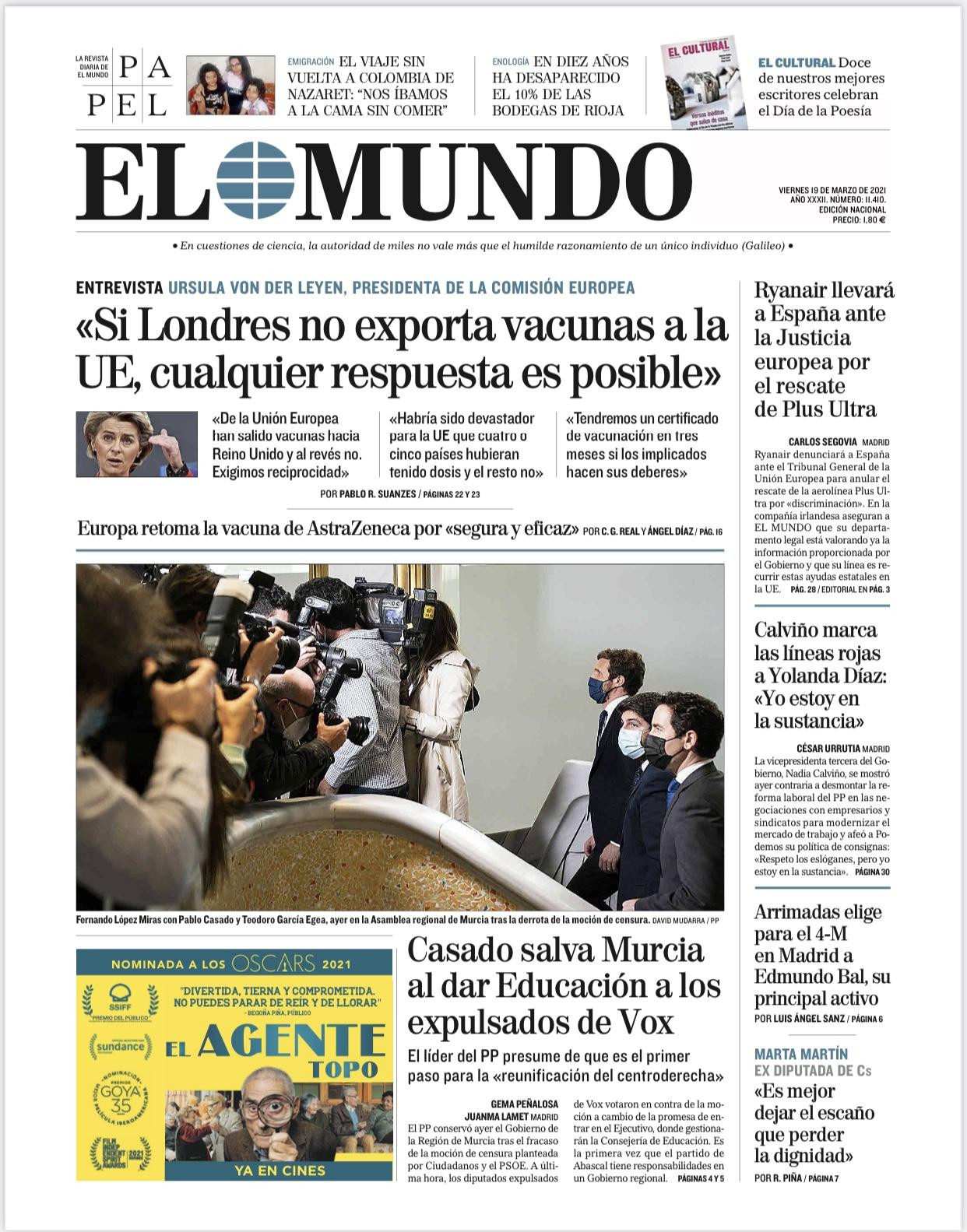 Portada de 'El Mundo' del 19 de marzo de 2021 / EL MUNDO