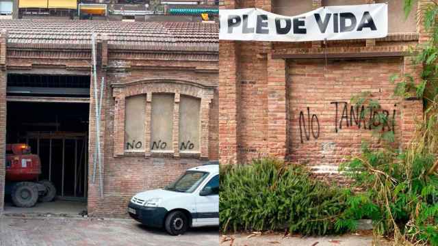 Imagen de las obras del polémico tanatorio de Sants, y una pintada contraria / CG