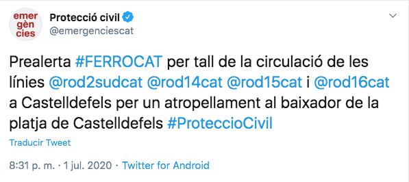 Tuit de Protección Civil que alerta del atropello / TWITTER