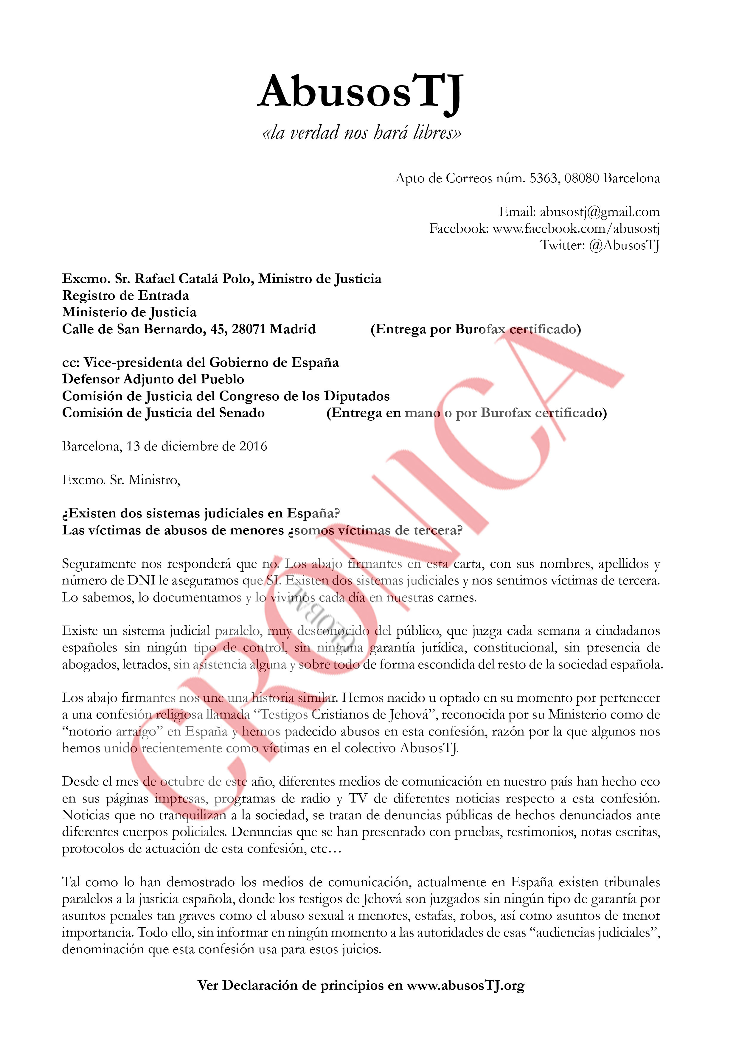 Carta de las víctimas de abusos de los Testigos de Jehová al Gobierno / CG