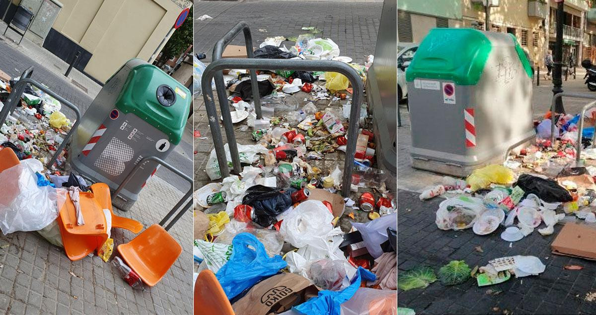 Tres imágenes de contenedores llenos en el barrio de Sant Andreu en Barcelona / CG