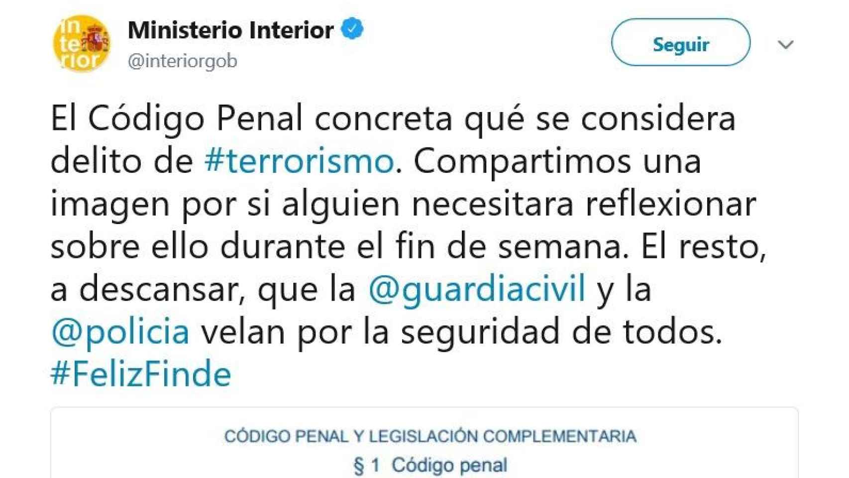 El mensaje de Twitter del Ministerio del Interior