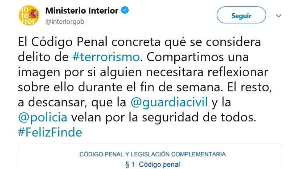 El mensaje de Twitter del Ministerio del Interior