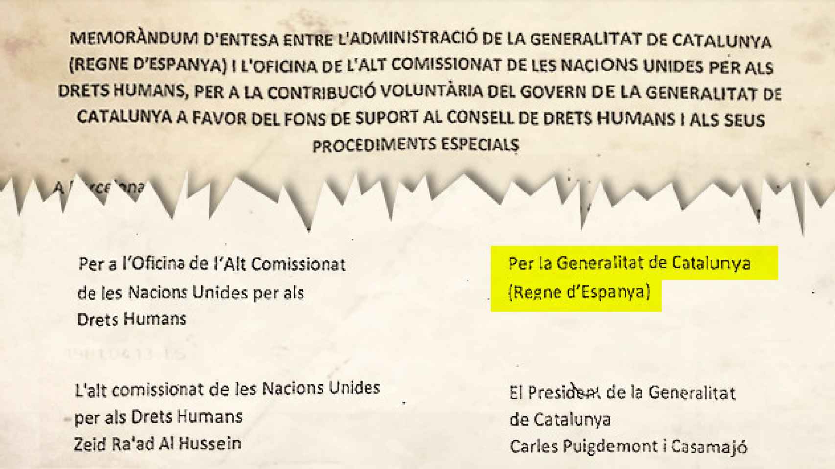 Convenio entre la Generalitat y las Naciones Unidas en el que Carles Puigdemont firma como representante de la Generalitat y del Reino de España / CG