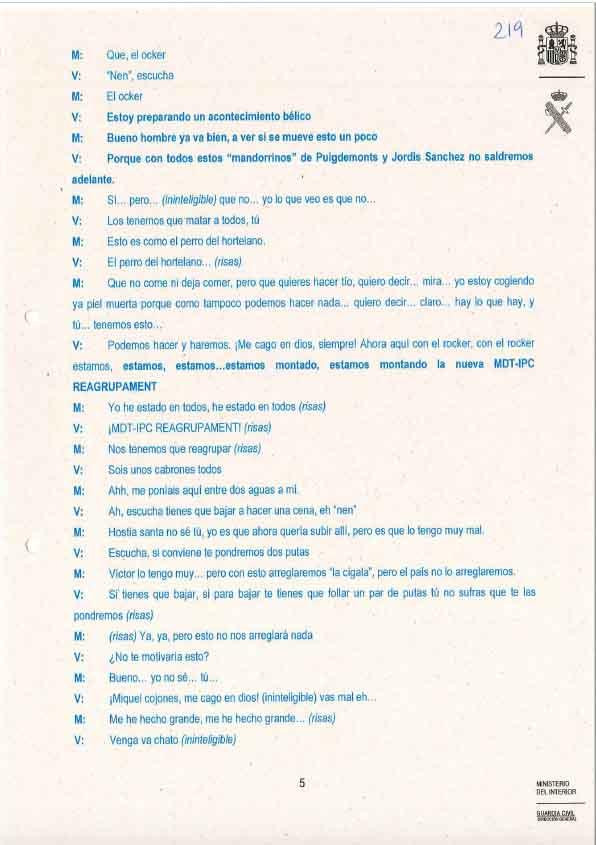 Transcripción de la conversación de Víctor Terradellas con Miquel Casals obra en un sumario judicial