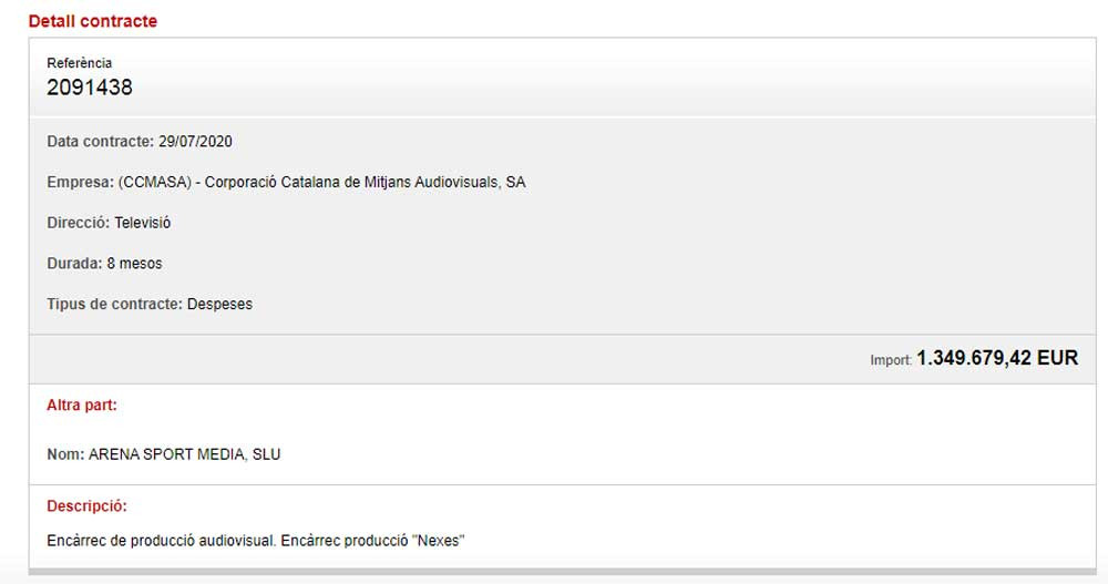 Datos del contrato de producción del programa 'Nexes' de TV3 / CCMA