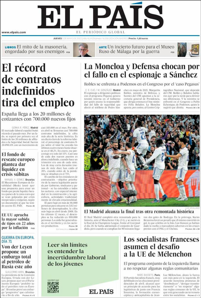 Portada de 'El País' del 5 de mayo de 2022 / Kiosko