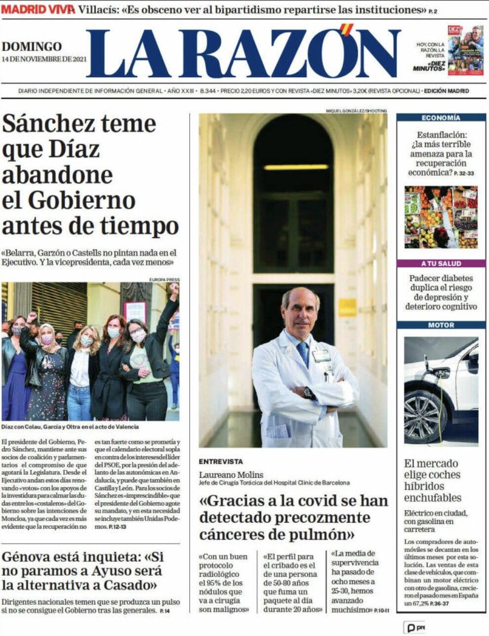 Portada de 'La Razón' del 14 de noviembre de 2021 / KIOSKO