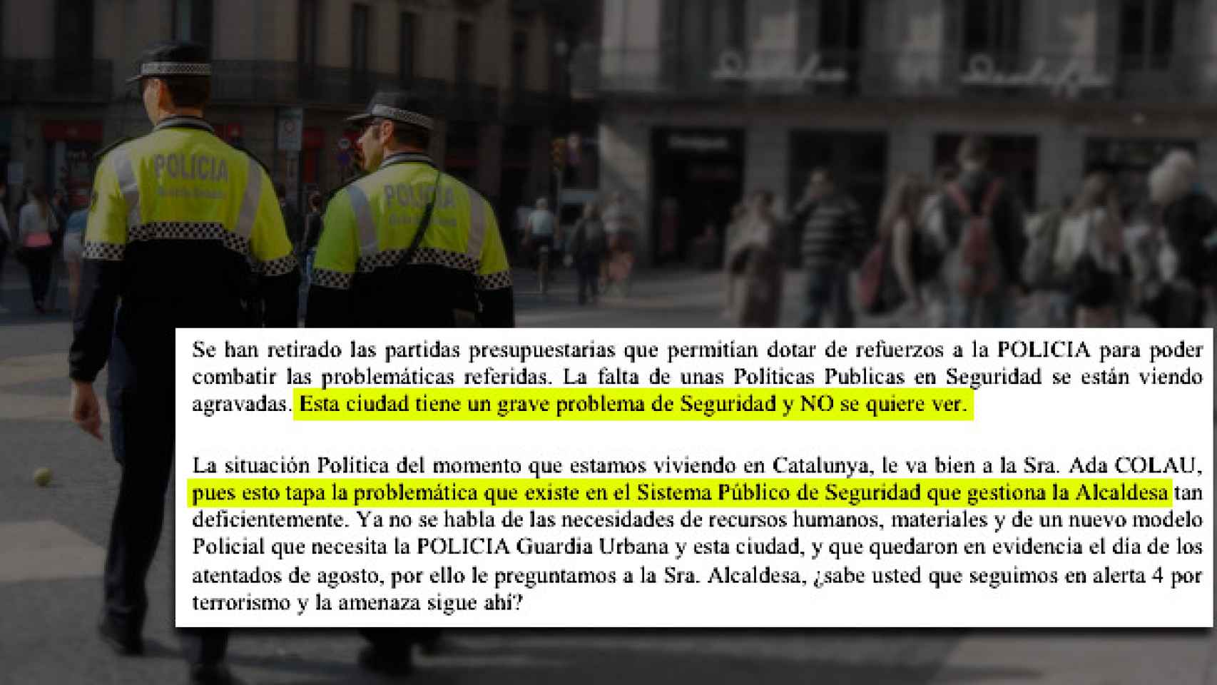 Fragmento de la carta de la Guardia Urbana a Colau / CG