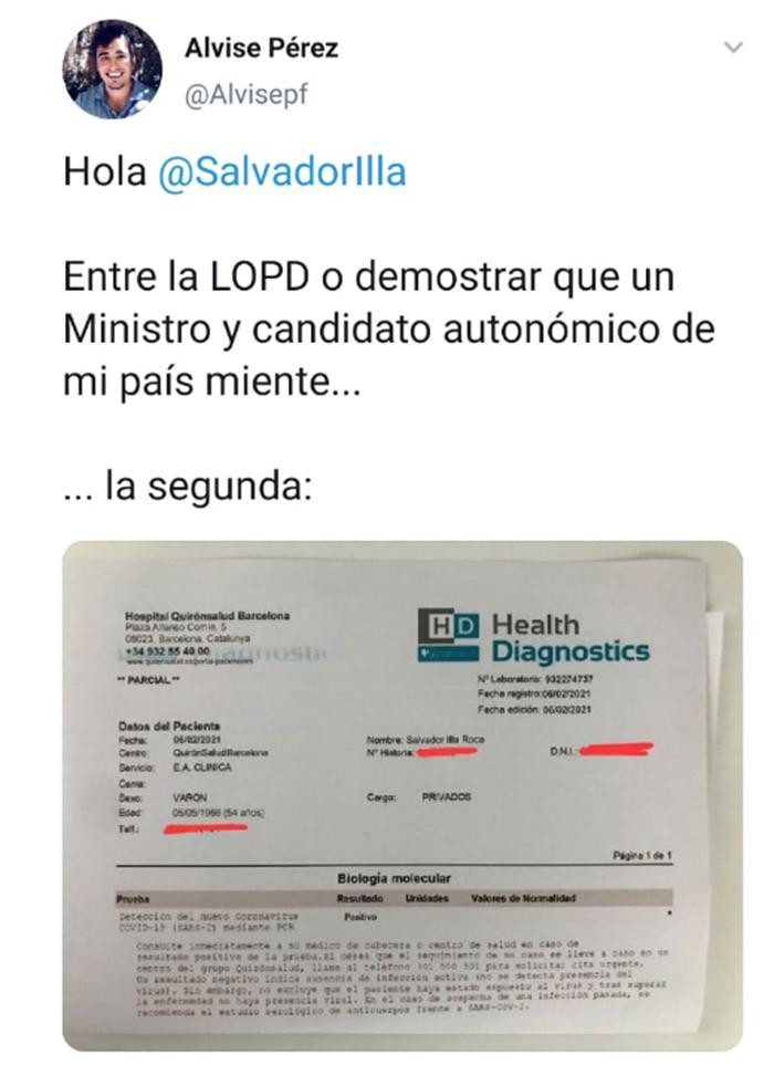 Falso PCR de Salvador Illa distribuido en redes