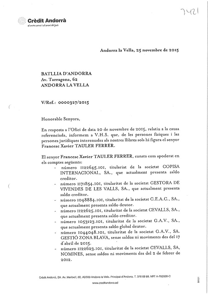 Cuentas en las que Tauler aparece como apoderado en Crèdit Andorrá