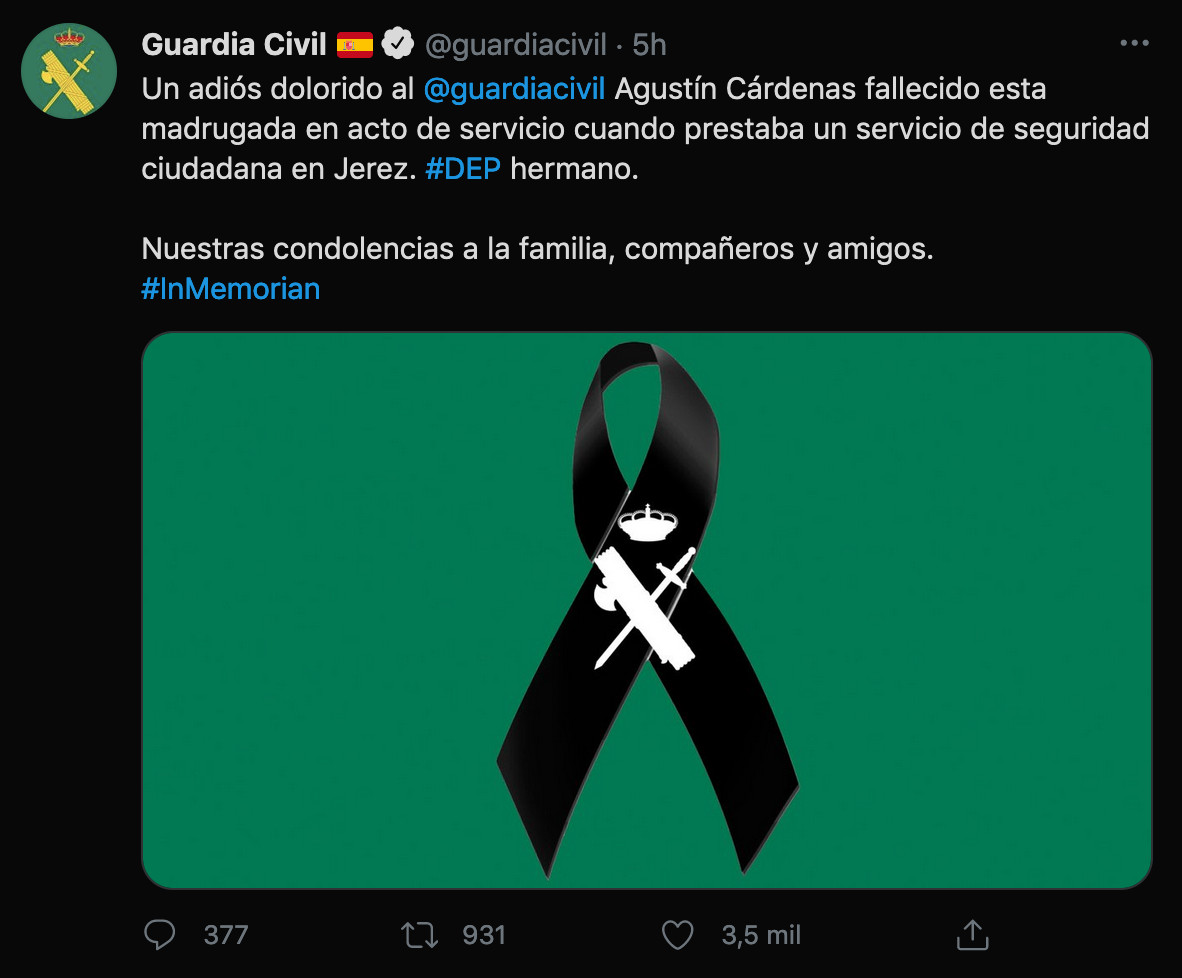 Pésame de la Guardia Civil por el agente fallecido / GUARDIA CIVIL