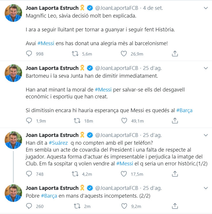 Últimas publicaciones de Joan Laporta en Twitter / Redes