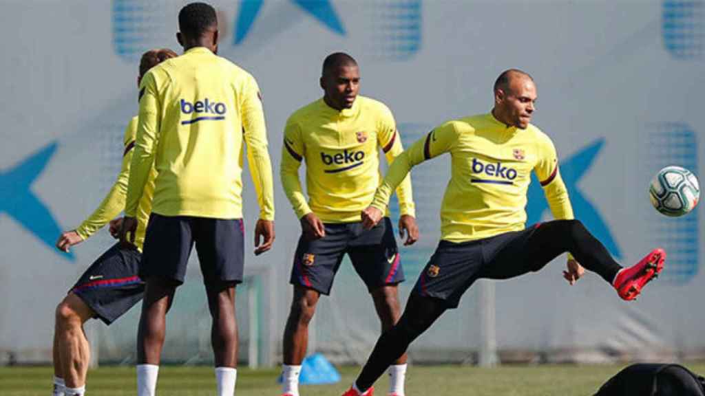 Braithwaite participando en su primer entrenamiento del Barça / FC Barcelona