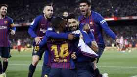 Una foto de los jugadores del Barça celebrando el gol de Luis Suárez ante elAtlético de Madrid / FCB