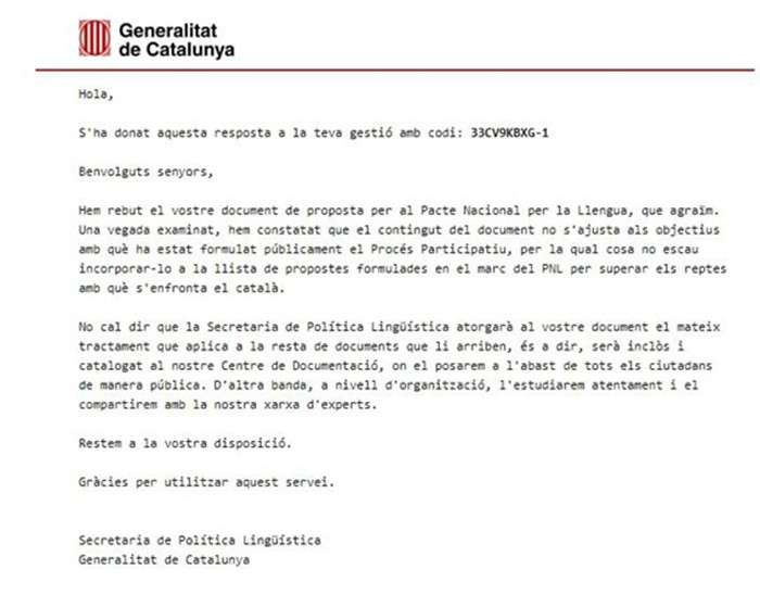 Carta de la Consejería de Cultura que rechaza las aportaciones de Impulso Ciudadano al Pacto Nacional por la Lengua