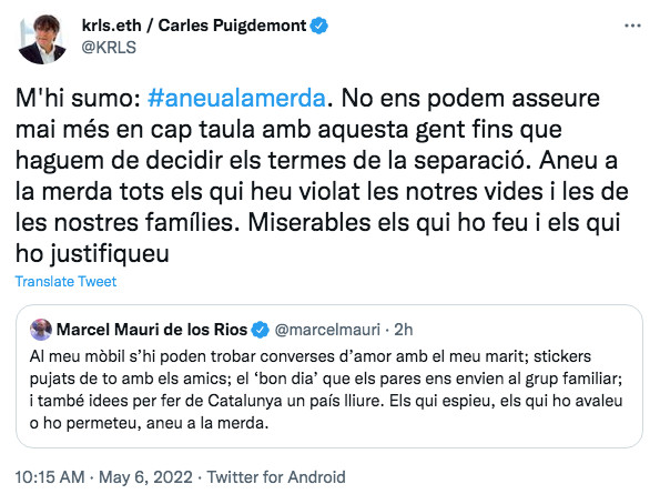 Mensaje de Carles Puigdemont en las redes sociales / TWITTER