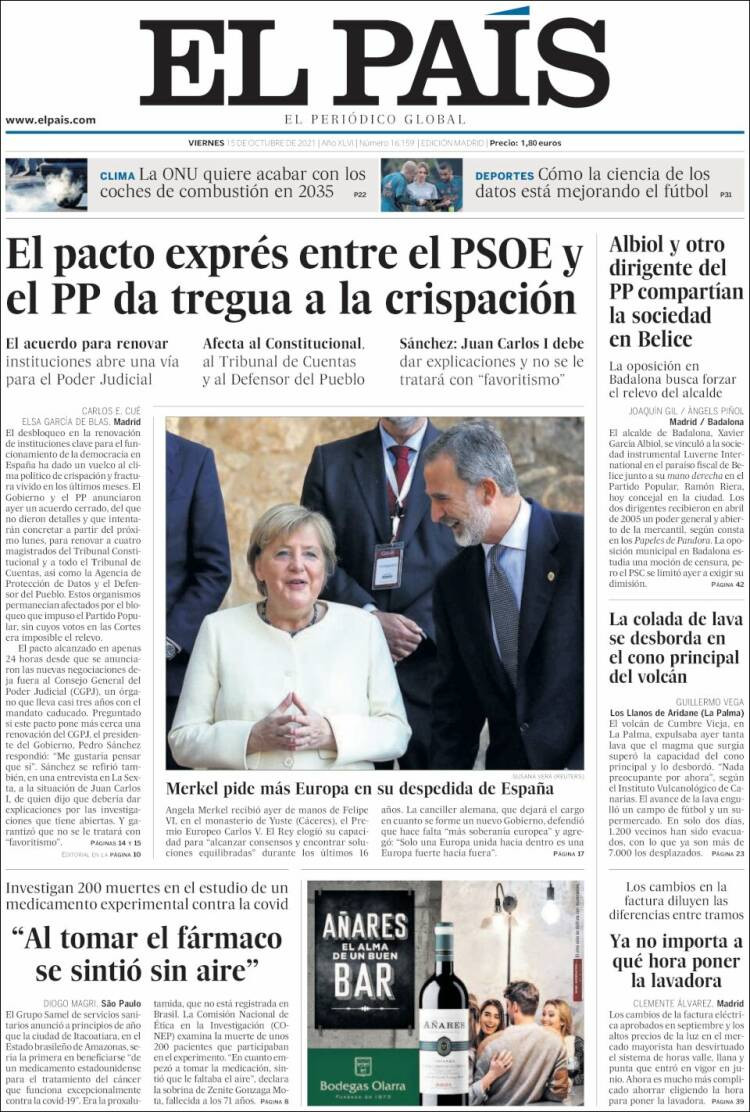 Portada de 'El País' del 15 de octubre de 2021 / KIOSKO.NET