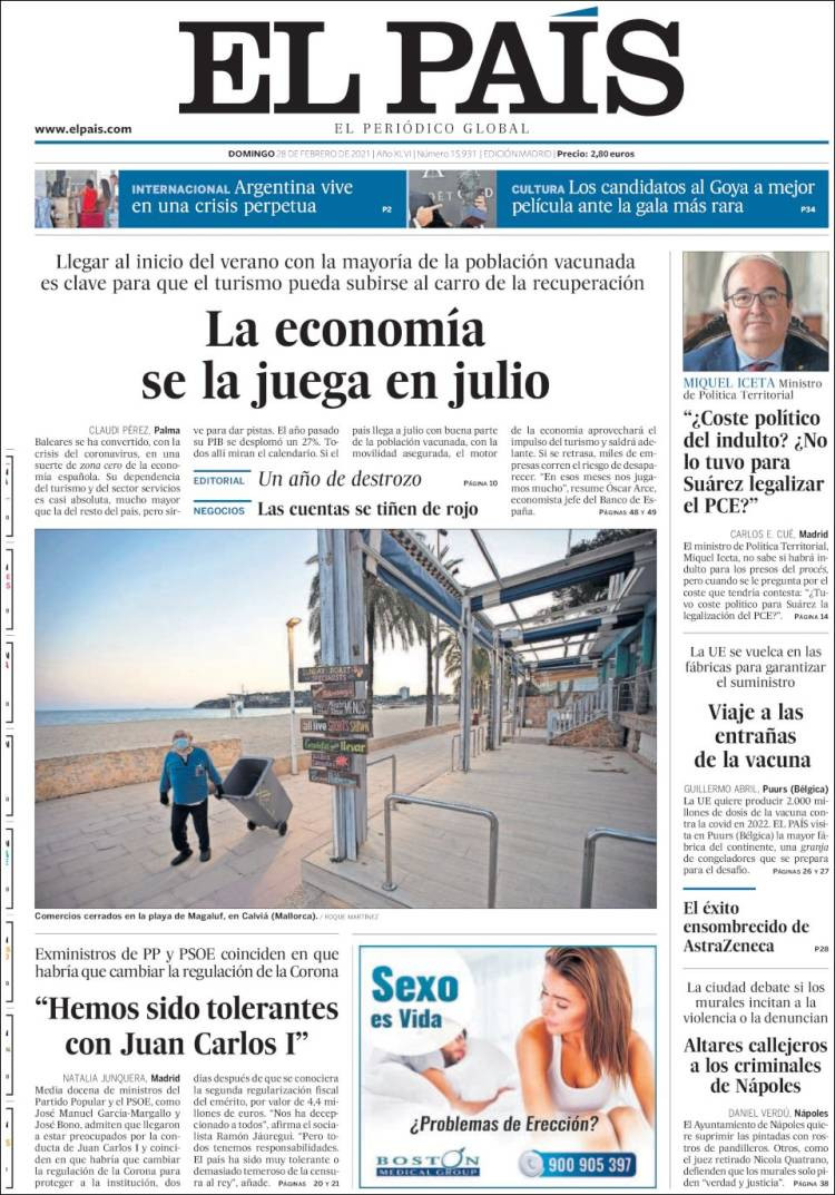 Portada de El País, 28 de febrero de 2021
