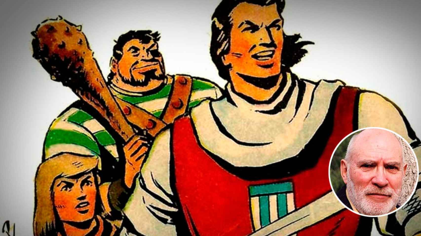 El Capitán Trueno, junto a Crispín y Goliath. En el círculo, su creador, Víctor Mora / CG