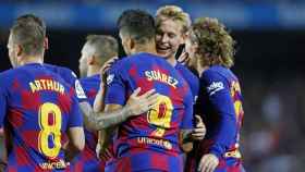 Arthur, Luis Suárez, De Jong y Griezmann celebrando un gol en el Barça - Valencia / FC Barcelona