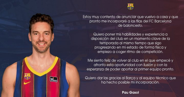 Pau Gasol anuncia que vuelve REDES