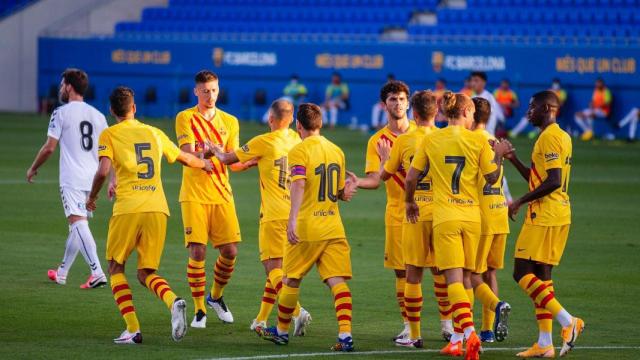 Messi y Griezmann celebrando el gol del francés junto a sus compañeros contra el Nàstic / Redes