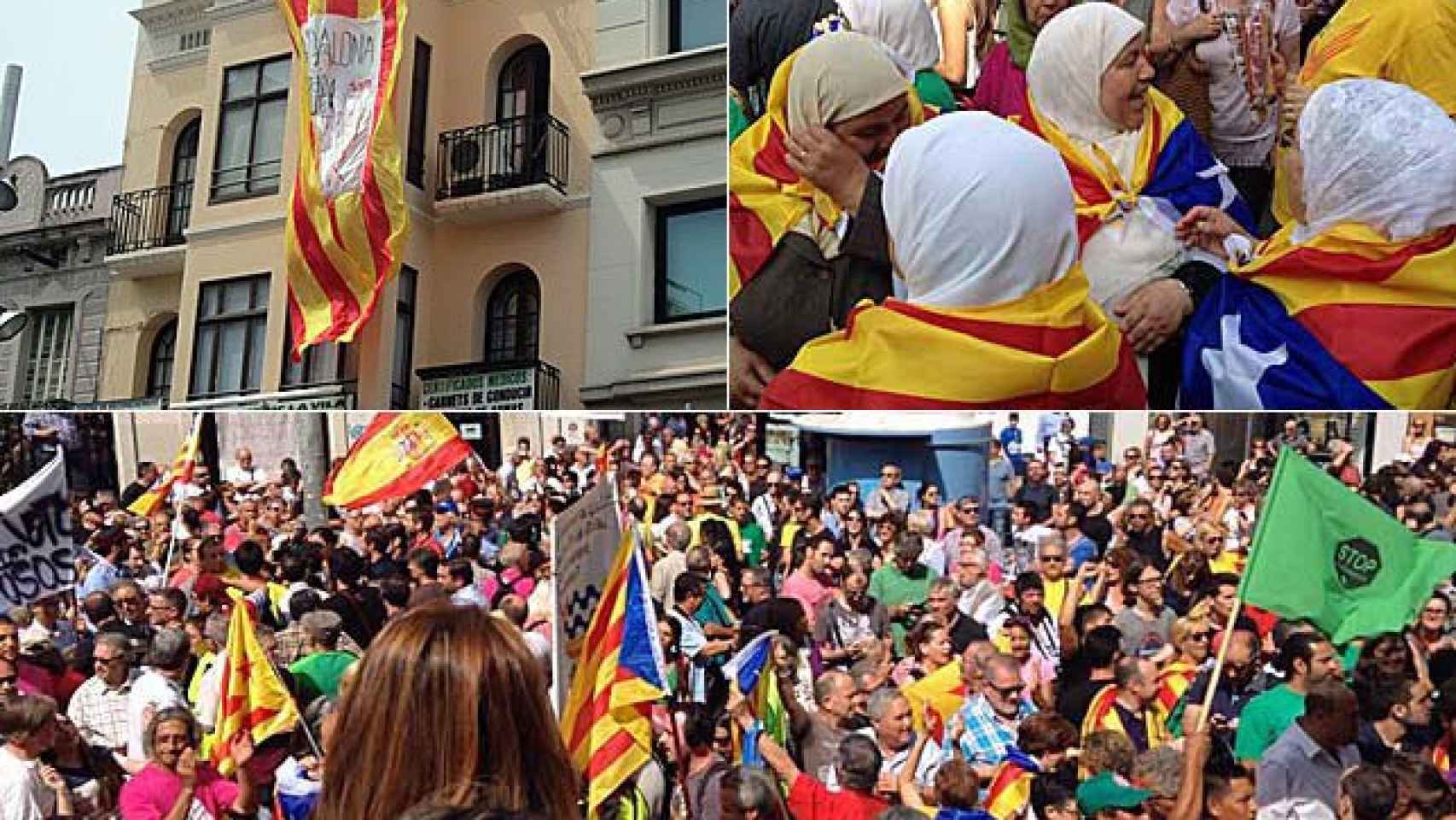 Cientos de independentistas y un grupo de seguidores de García Albiol, en la Plaza de la Vila de Badalona