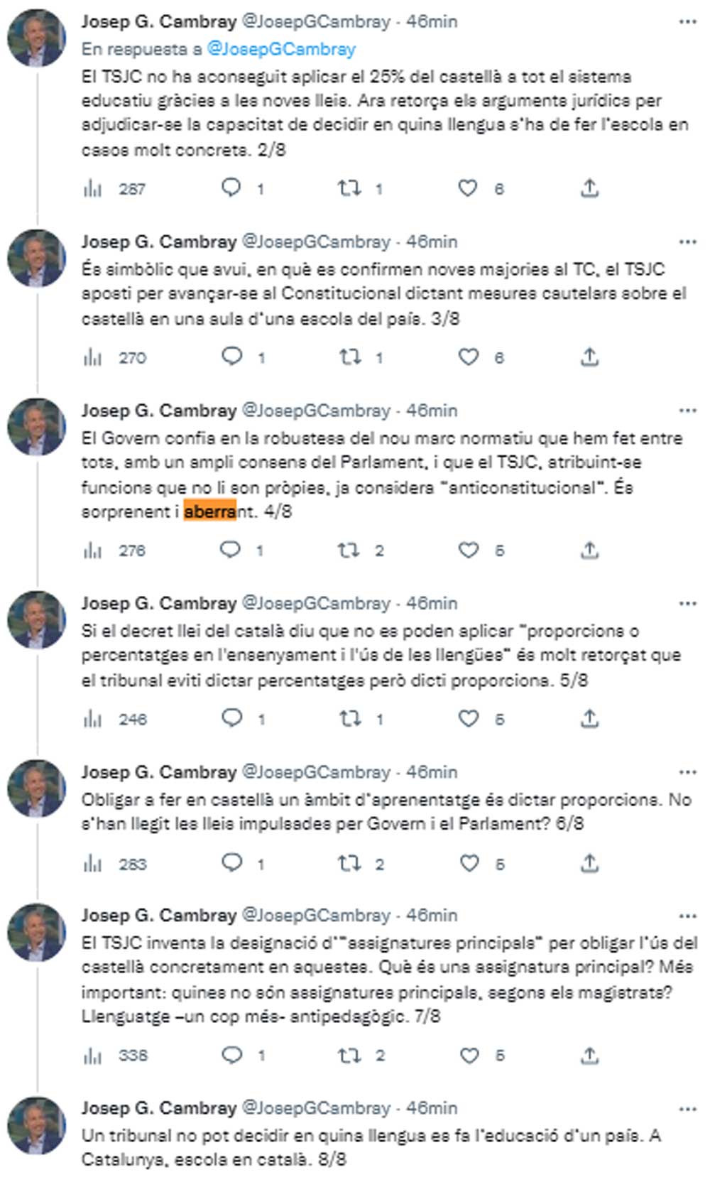 Hilo del 'conseller' Cambray en Twitter contra la educación bilingüe en Cataluña