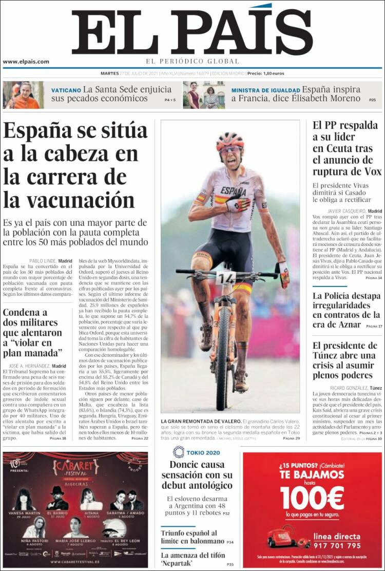 Portada de 'El País' del 27 de julio de 2021 / KIOSKO.NET