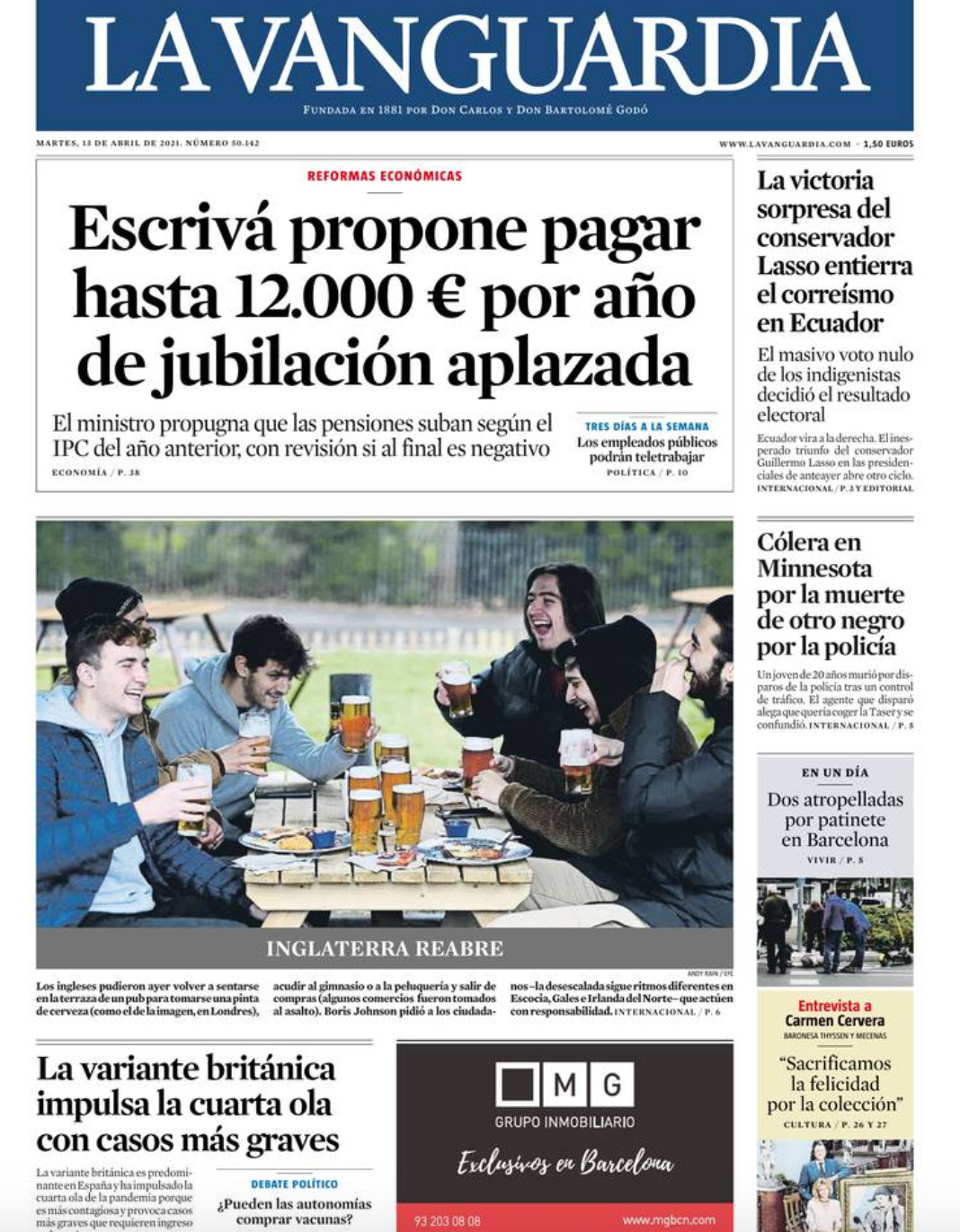 Portada de 'La Vanguardia' del 13 de abril de 2021 / LA VANGUARDIA