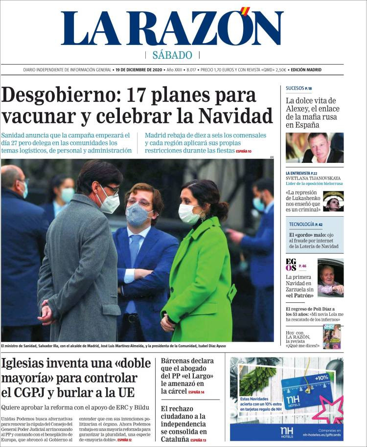 Portada de 'La Razón' del 19 de diciembre / LA RAZÓN