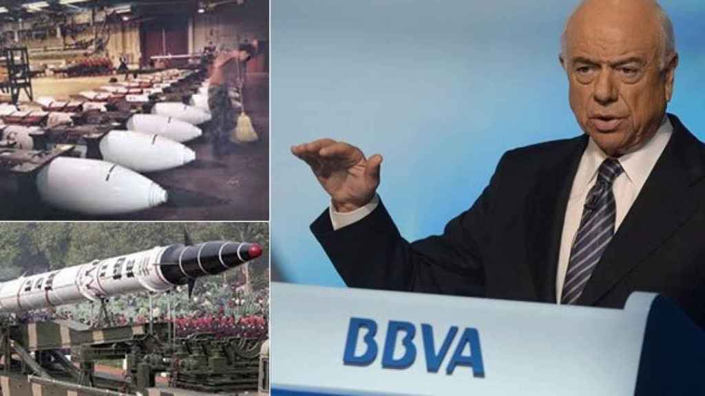 Francisco González, presidente del BBVA en una imagen de archivo, con dos imágenes representativas de la industria bélica.