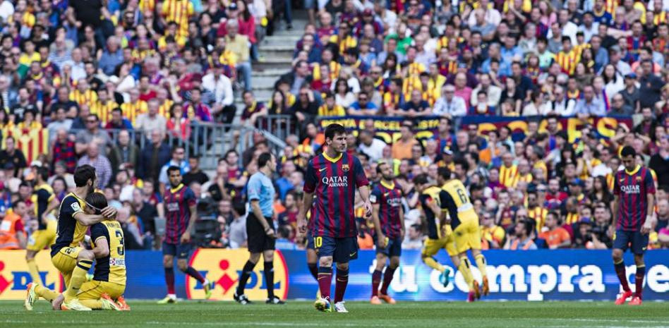 Messi lamentando la victoria del Atlético en el Camp Nou en  2014 / EFE