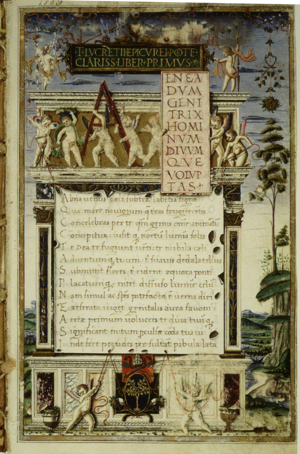 Frontispicio de una copia de 'De rerum natura' escrito por un fraile agustino para el papa Sisto IV (1483)