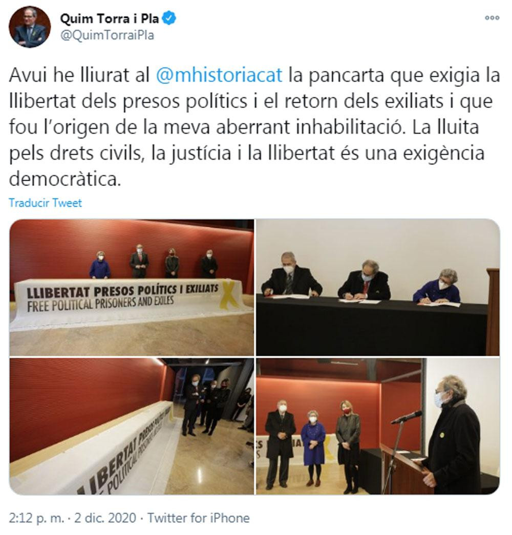 Torra, denunciando la represión desde su Iphone / @quimtorraipla (TWITTER)